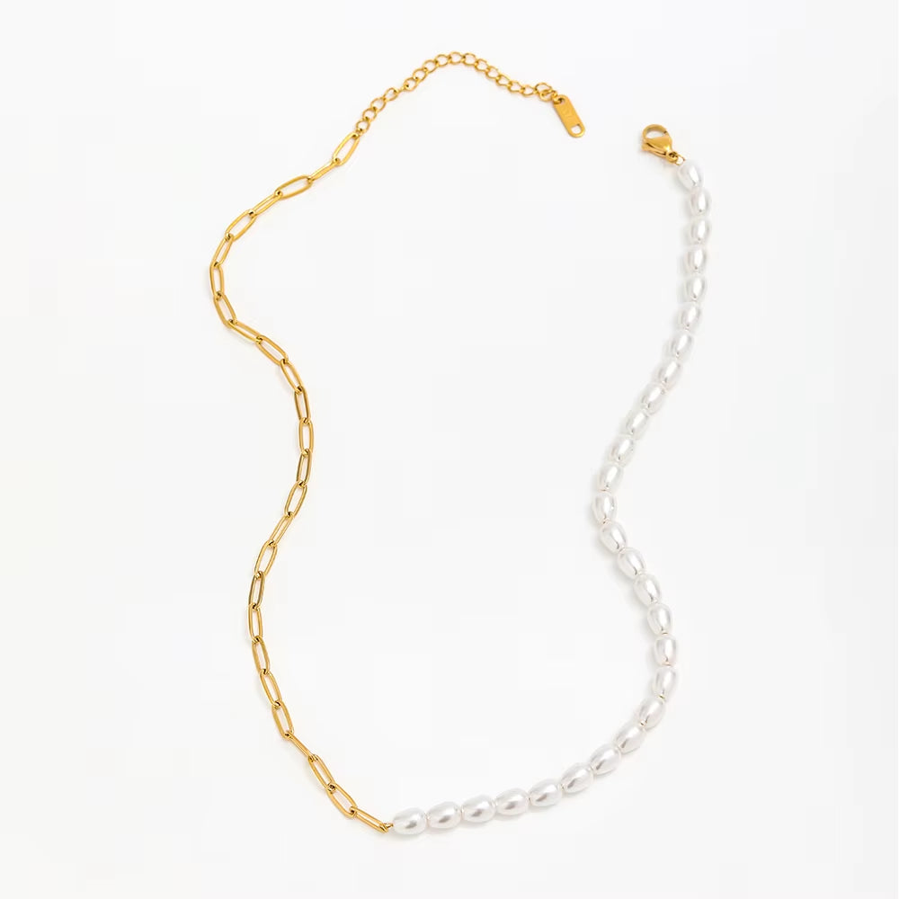 Waterproof & Tarnish Free 18K Gold Plated Paper Clip Freshwater Pearl Joint Necklace Trendy Stainless Steel Jewelry Wholesale