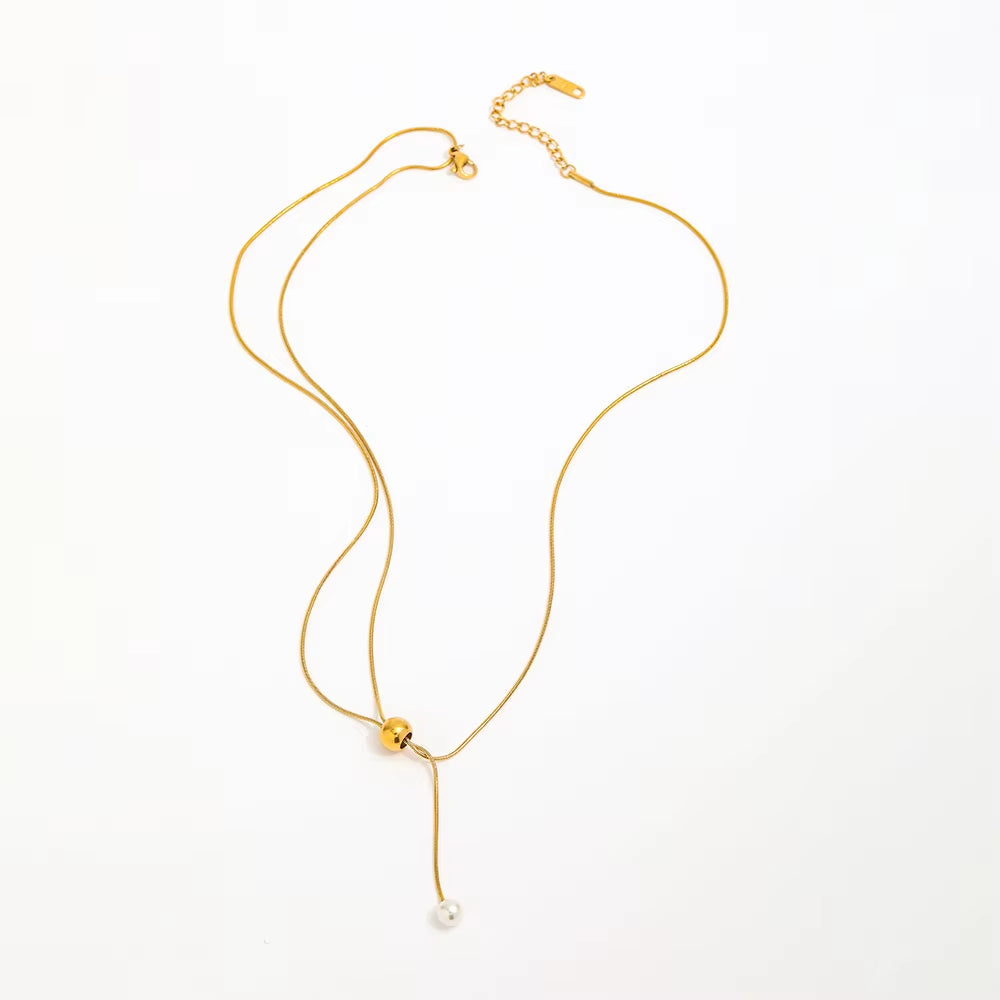 Joolim Snake Chain Pull-Out Type Adjustable Pearl Pendant Necklace Stainless Steel Lariat Necklace Jewelry Wholesale Drop Shippi