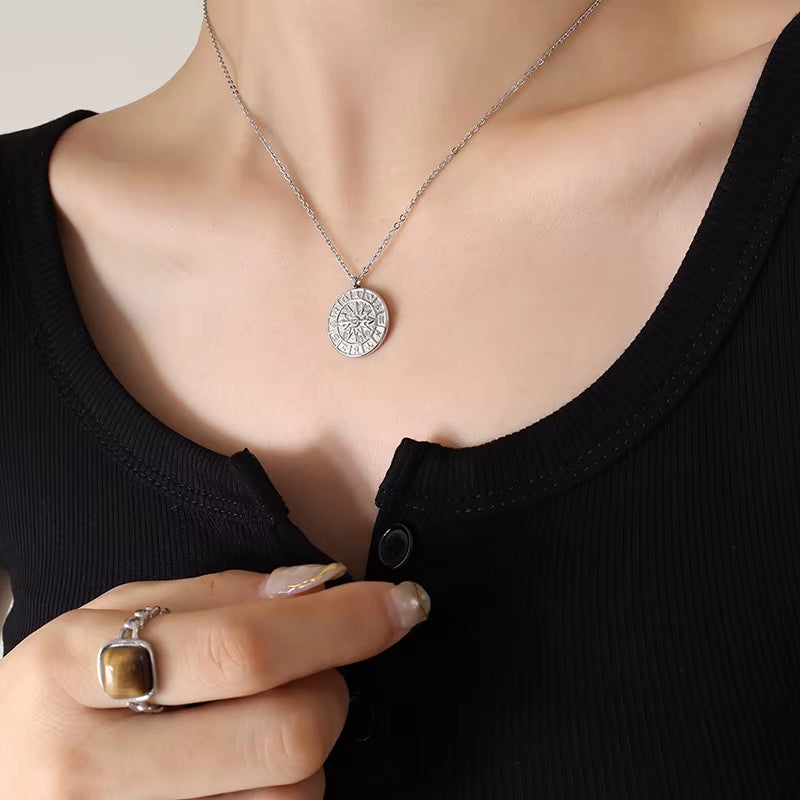 JOOLIM High End Stainless Steel Zirconia Zodiac Pointer Coin Pendant Necklace 18K Gold Plated Jewelry Wholesale