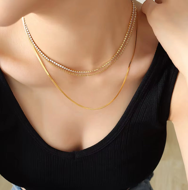 Joolim Jewelry 18K Gold Plated Three Layers Snake Chain Zircon Pave Necklace Stainless Steel Jewelry Wholesale