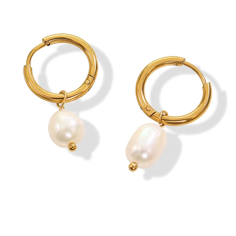 JLE0228 New Trendy 18K Gold Plated Elegant Dainty Fresh Water Pearl Stainless Steel Hoop Earrings for Women