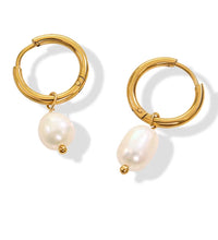 JLE0228 New Trendy 18K Gold Plated Elegant Dainty Fresh Water Pearl Stainless Steel Hoop Earrings for Women