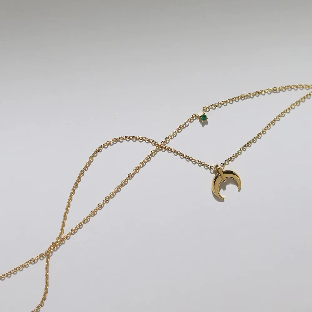 JOOLIM Ready to Ship High End 18K Gold Plated Stainless Steel Jewelry Double-Layer Crescent Green Zirconia Necklace
