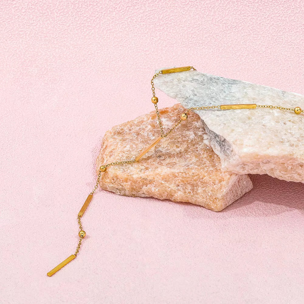 Joolim Jewelry Dainty Square Bar Bead Y Tassel Pendant Necklace 18K Gold Plated Stainless Steel Trendy Necklace