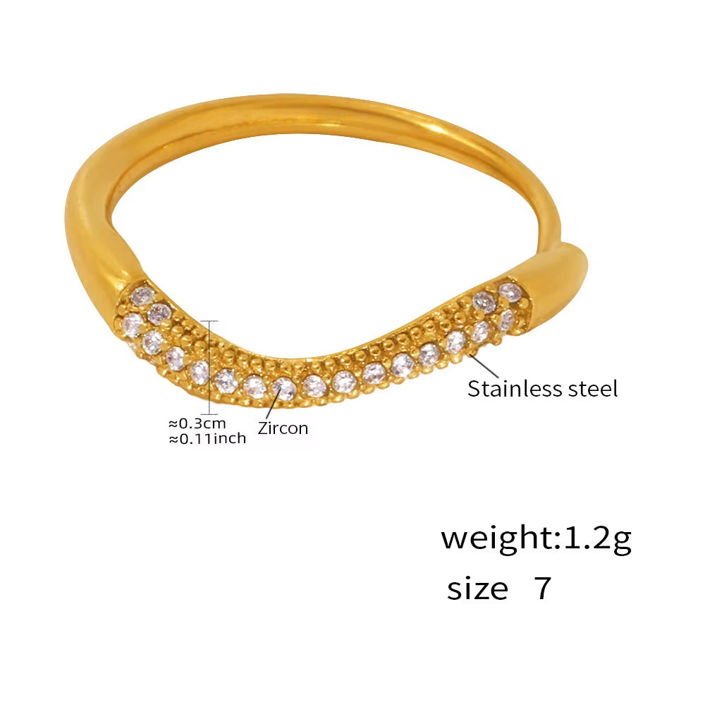High End 18K Plain Gold Colorful Row Micro Half Pave Zircon Waved Ring Stainless Steel Trendy Simple Gold Plated Jewelry Gift
