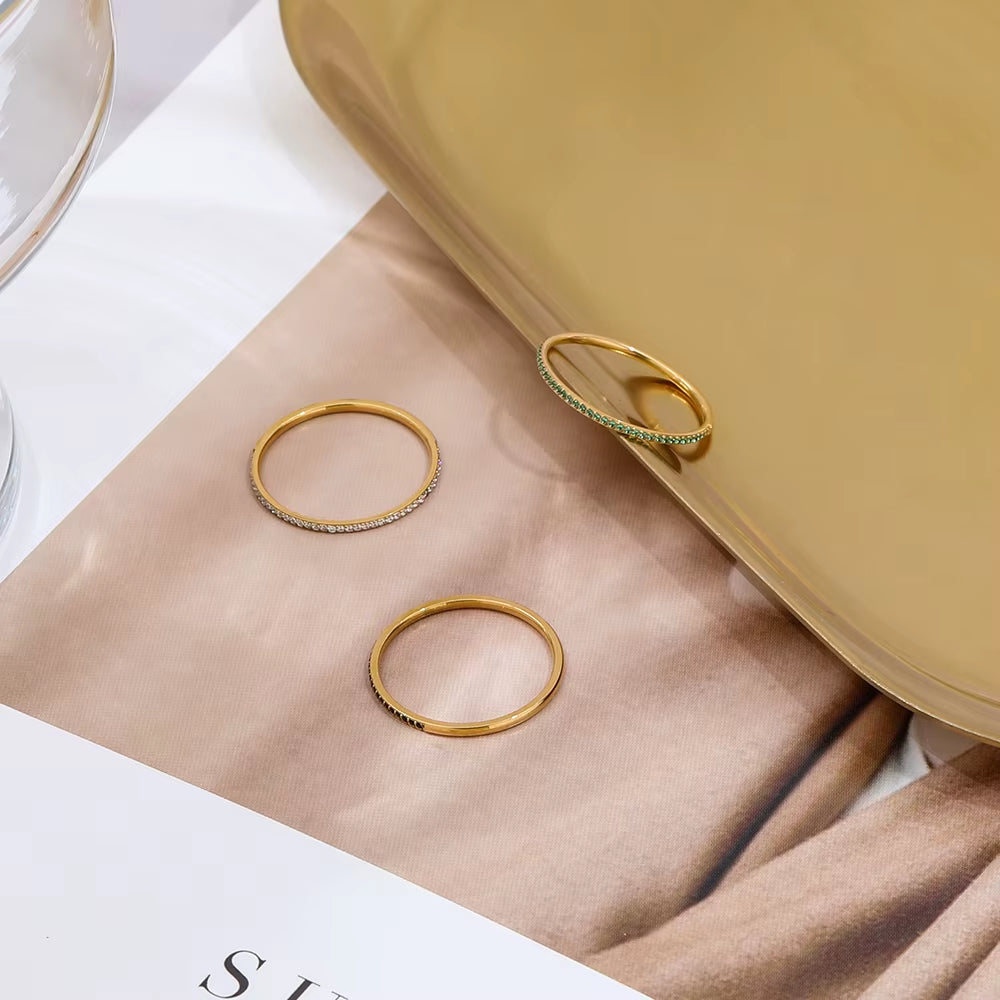 Joolim Jewelry CNC Inlay Dainty Crystal Half Pave Stainless Steel Rings for Women Green Black Clear CZ Rings Fashion Jewelry