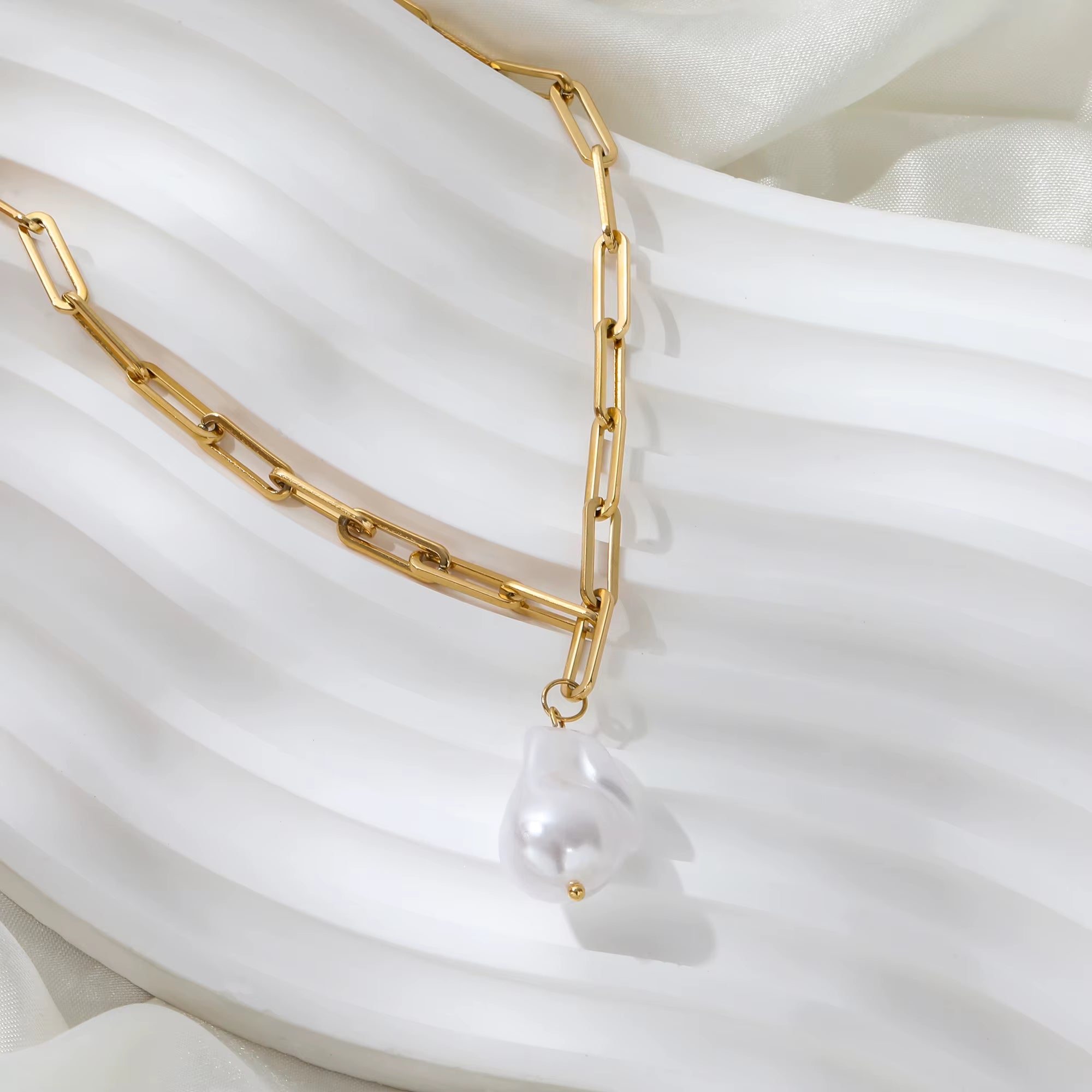 Joolim Jewelry 18K Gold Plated Link Chain Necklace Pearl Pendant Necklace