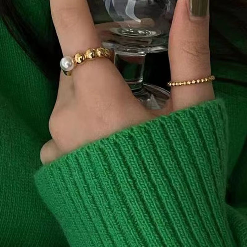 High End 18K Gold Plated One Pearl Bead Gradient Bubble Rings Stainless Steel Jewelry Trendy Finger Ring