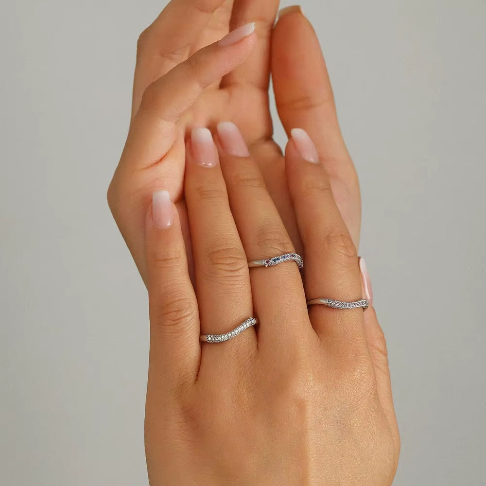 High End 18K Plain Gold Colorful Row Micro Half Pave Zircon Waved Ring Stainless Steel Trendy Simple Gold Plated Jewelry Gift