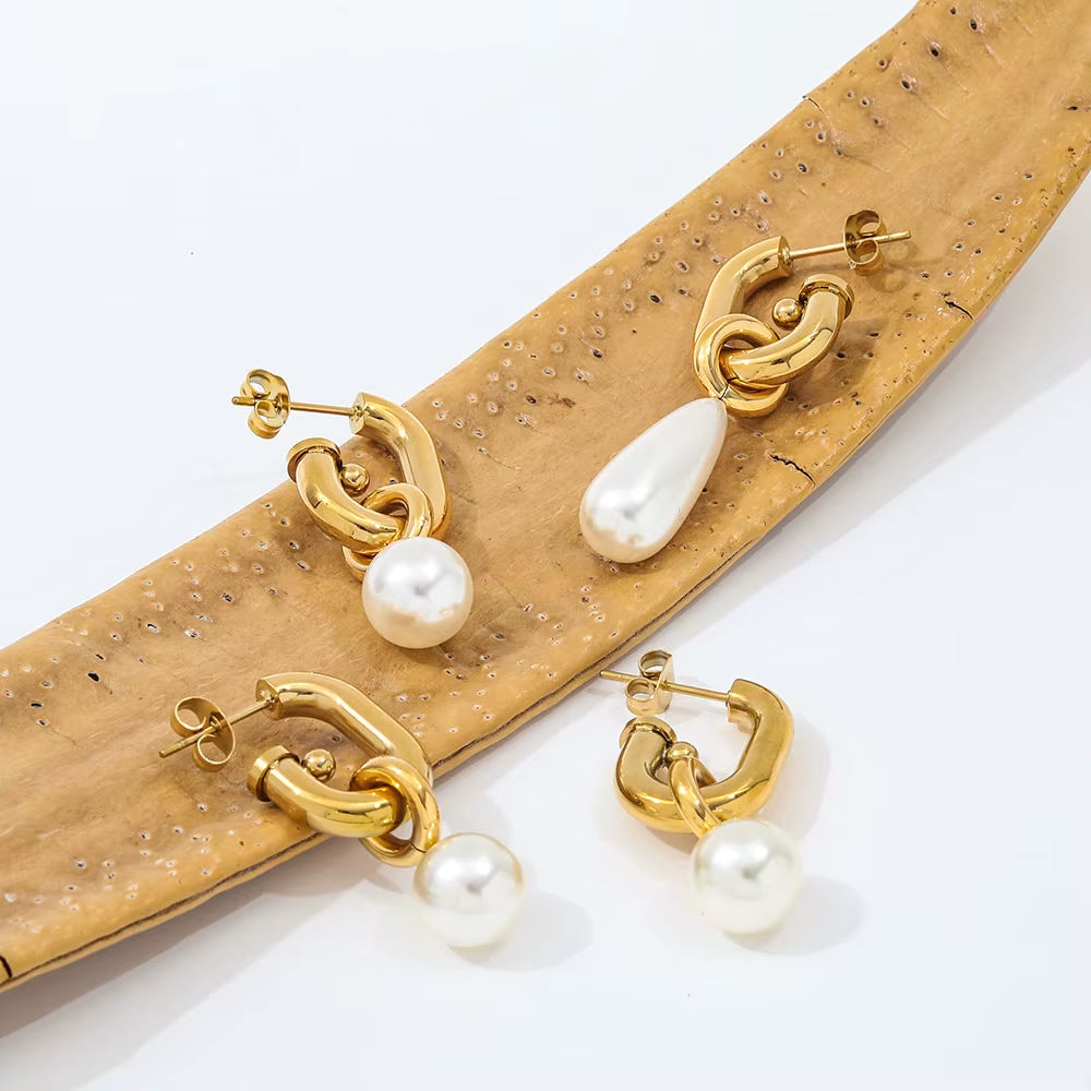 Joolim 18K Gold Plated Wholesale No Fade Elegant Detachable Teardrop round Pearl Hoop Earring Stainless Steel Jewelry