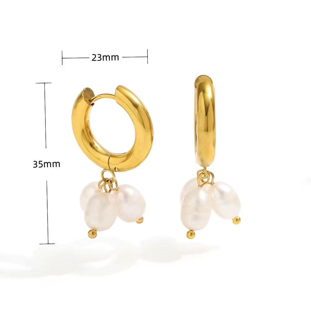 18K Pvd Gold Plated High Quality Non Tarnish & Waterproof 3 Pearl Cluster Stainless Steel Hoop Earring for Women