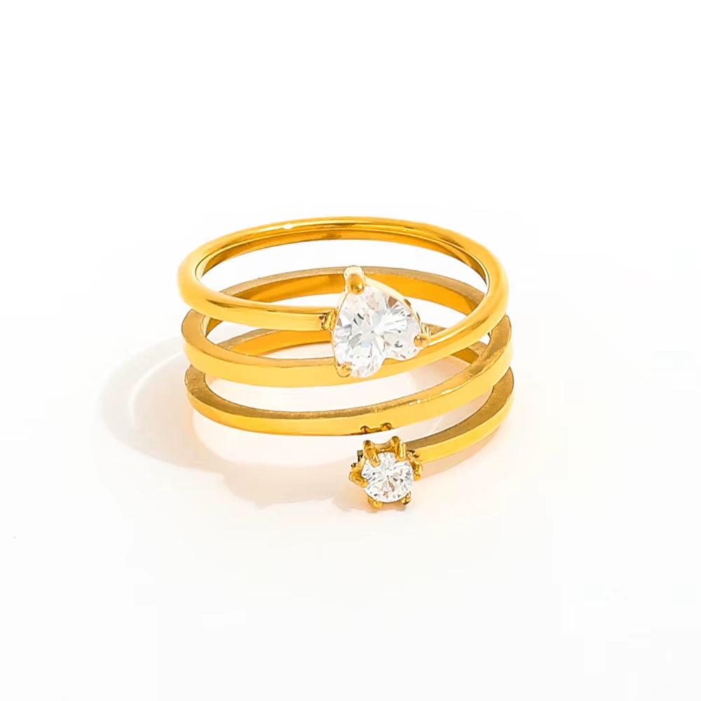 Joolim Jewelry Wholesale 18K Gold Plated Treble Spiral Stainless Steel Spring Wire Heart Zircon Ring Women'S Gift