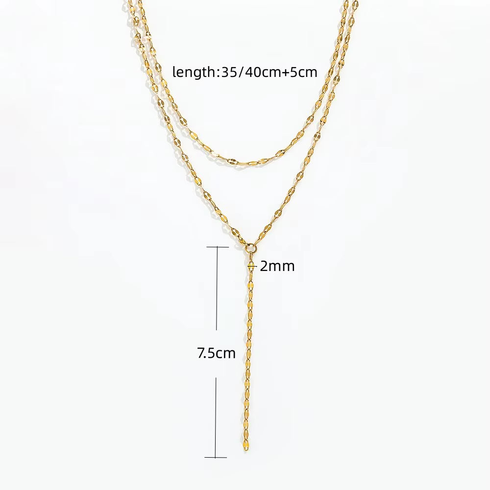 Joolim Jewelry Cross Link Chain Double Layer Y Tassel Necklace 18K Gold Plated Stainless Steel Adjustable Trendy Zirconia