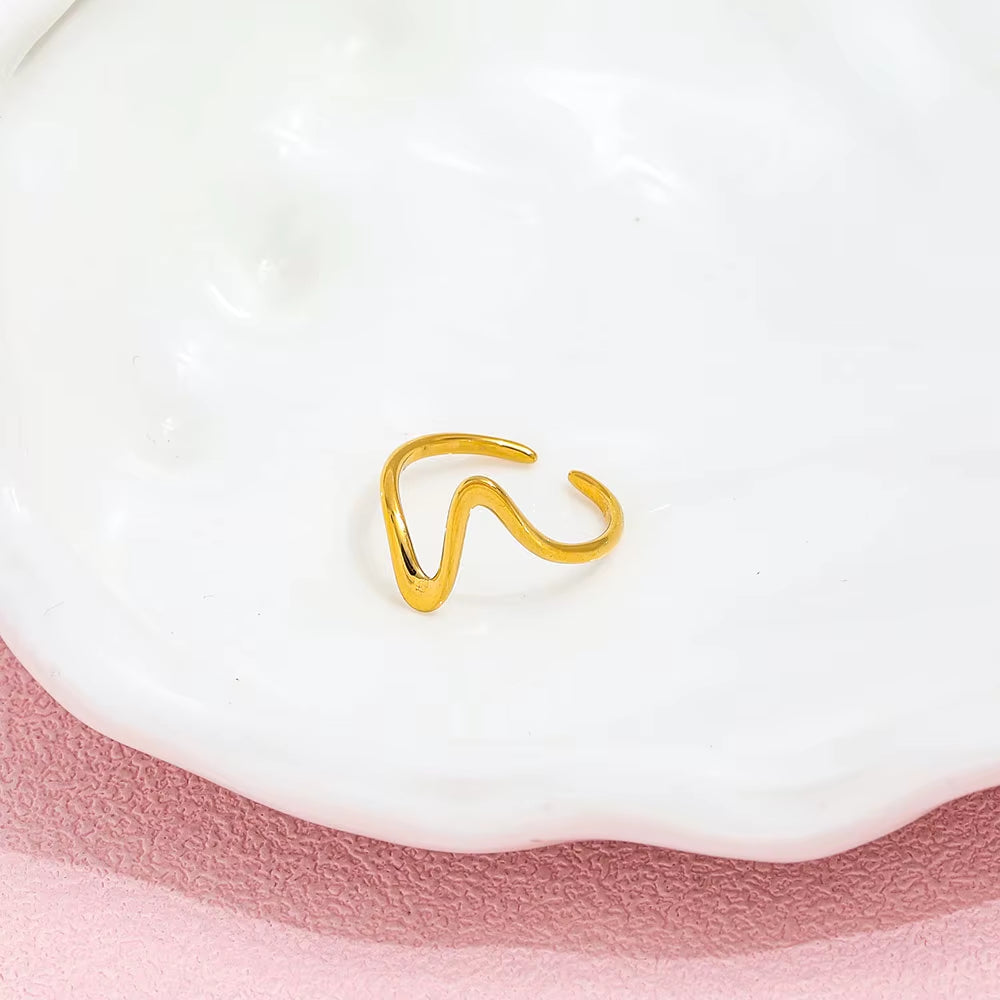 Joolim Jewelry Wholesale 18K Gold Plated Resizable Adjustable Dainty Waved Irregular Lines Stainless Steel Open Ring for Women