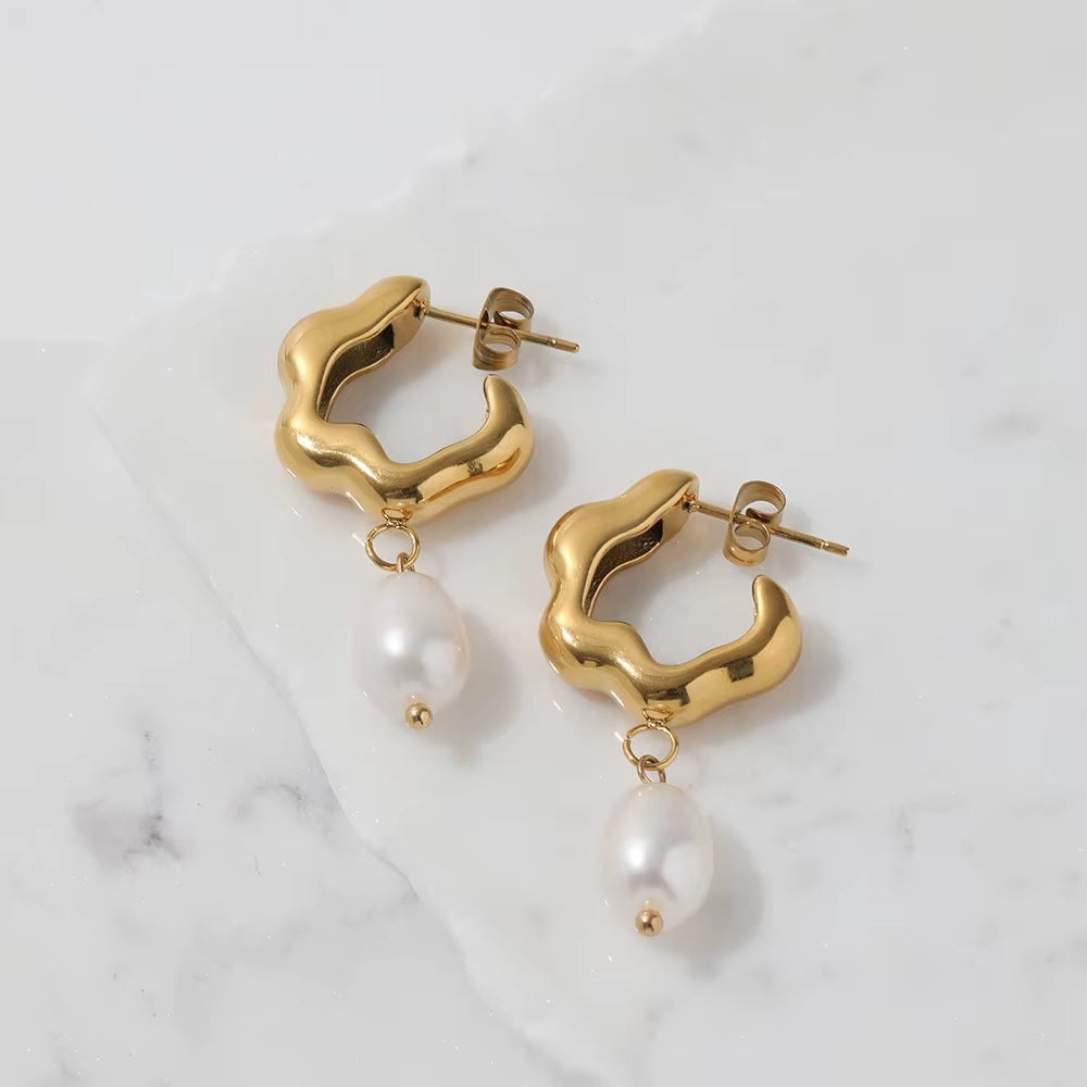 JOOLIM Jewelry PVD 18K Gold Plated Tarnish Free Flower Shape Freshwater Natural Pearl Drop Earring Stainless Steel Jewelry