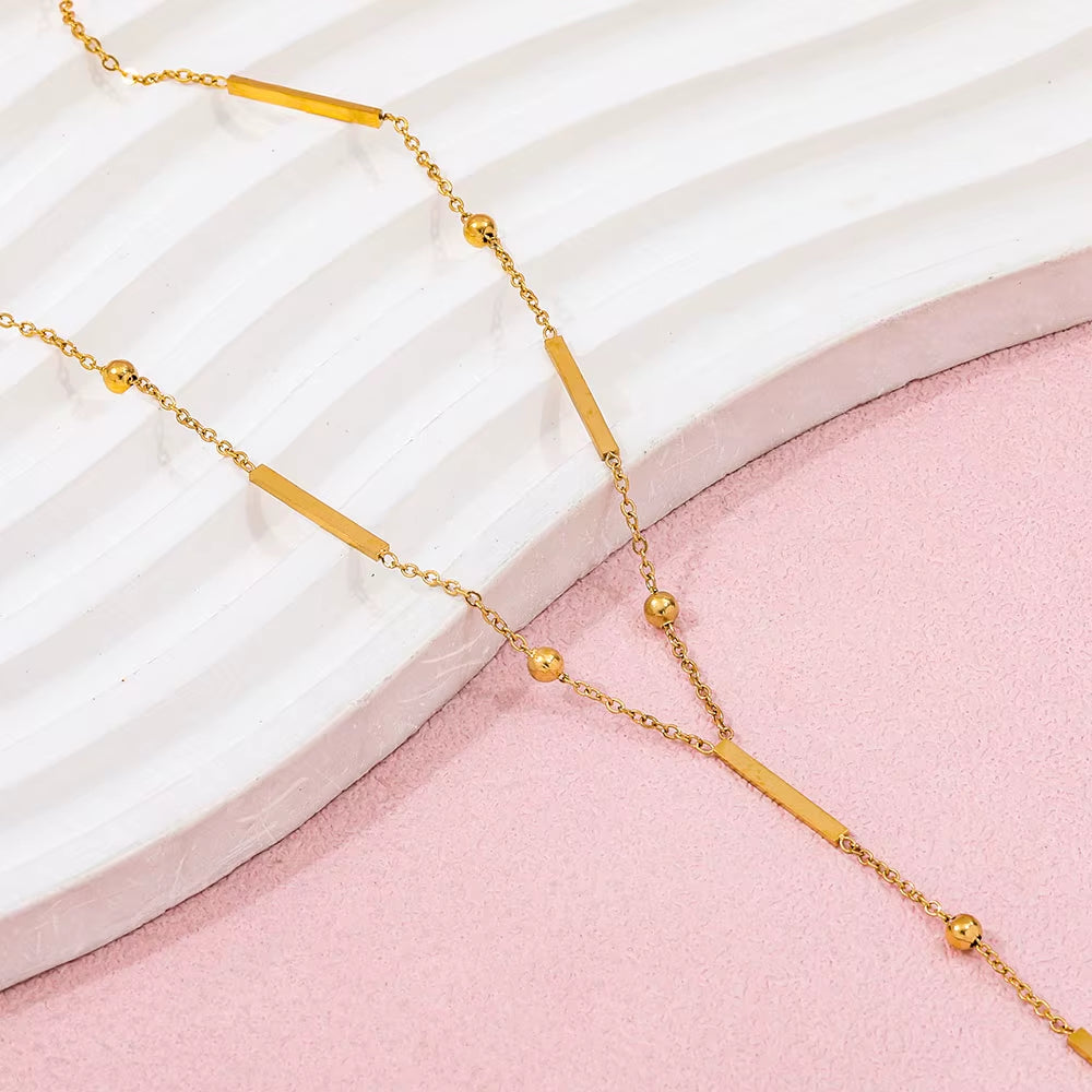 Joolim Jewelry Dainty Square Bar Bead Y Tassel Pendant Necklace 18K Gold Plated Stainless Steel Trendy Necklace