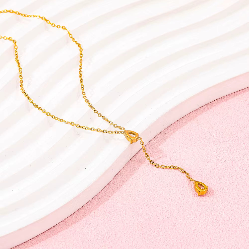 Joolim Jewelry 18K Gold Plated Stainless Steel Necklace Dainty Cubic Double Water Drop Zircon Y Tassel Trendy Parties Gifts