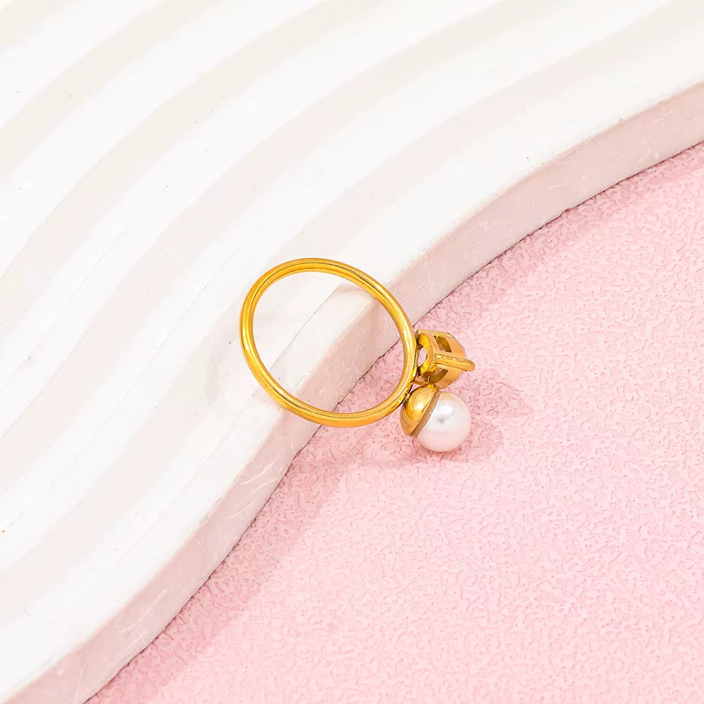 Trendy Fashion Ring with Water Drop Zircon Imitation Pearl 18K Gold Plated High End Stainless Steel for Gift