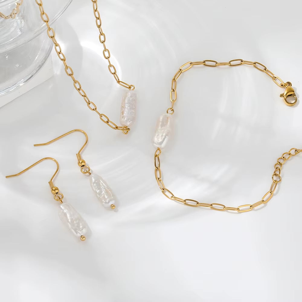 Joolim 18K Gold Plated Irregular Real Natural Freshwater Pearl Stainless Steel Paper Pin Necklace Bracelet Earring Jewelry Set