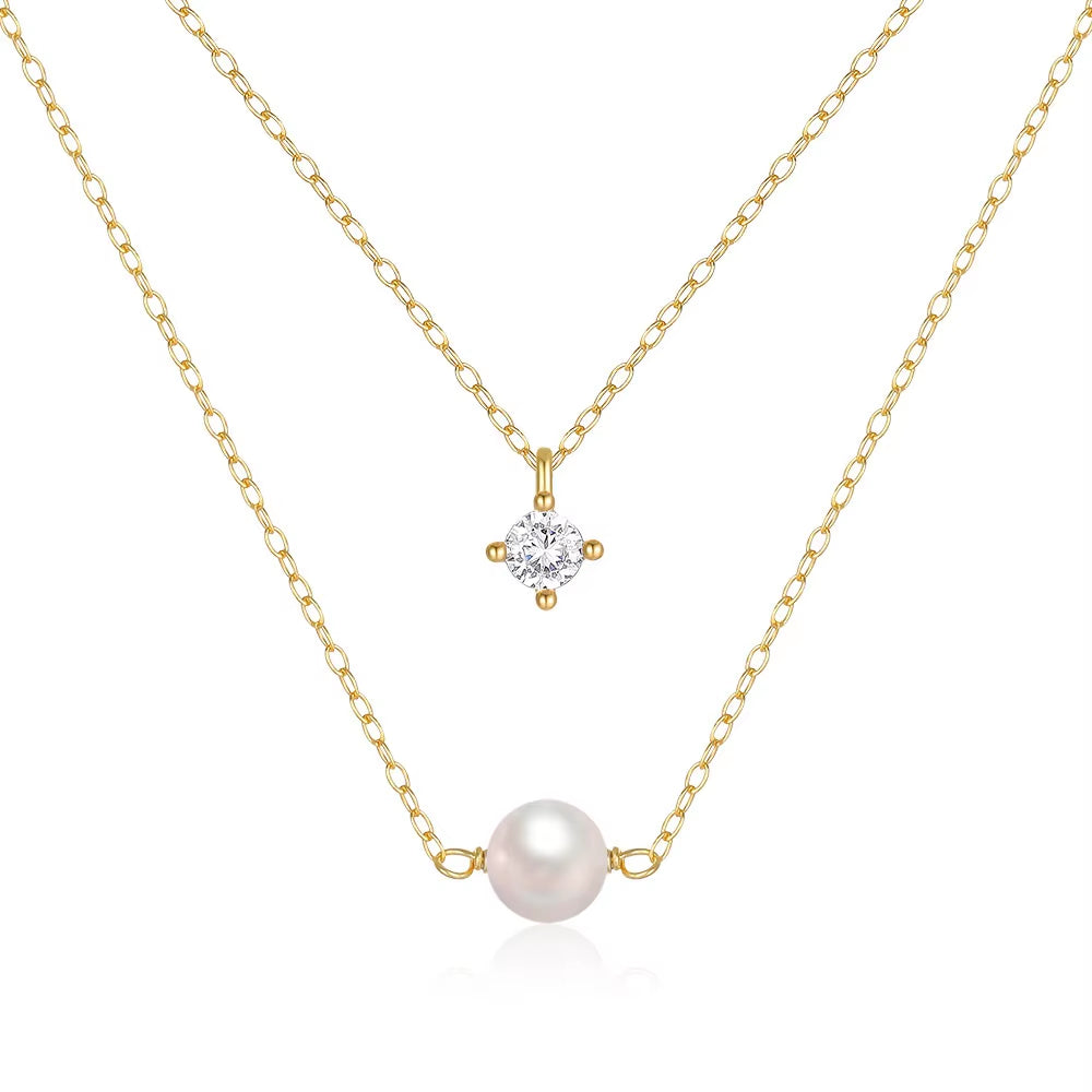 925 Sterling Silver 4 Claws round Single Zirconia Pearl Pendant Double-Layer Necklace Mini Style Silver Fashion Jewelry