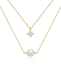 925 Sterling Silver 4 Claws round Single Zirconia Pearl Pendant Double-Layer Necklace Mini Style Silver Fashion Jewelry