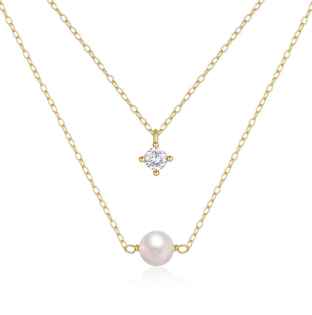 925 Sterling Silver 4 Claws round Single Zirconia Pearl Pendant Double-Layer Necklace Mini Style Silver Fashion Jewelry