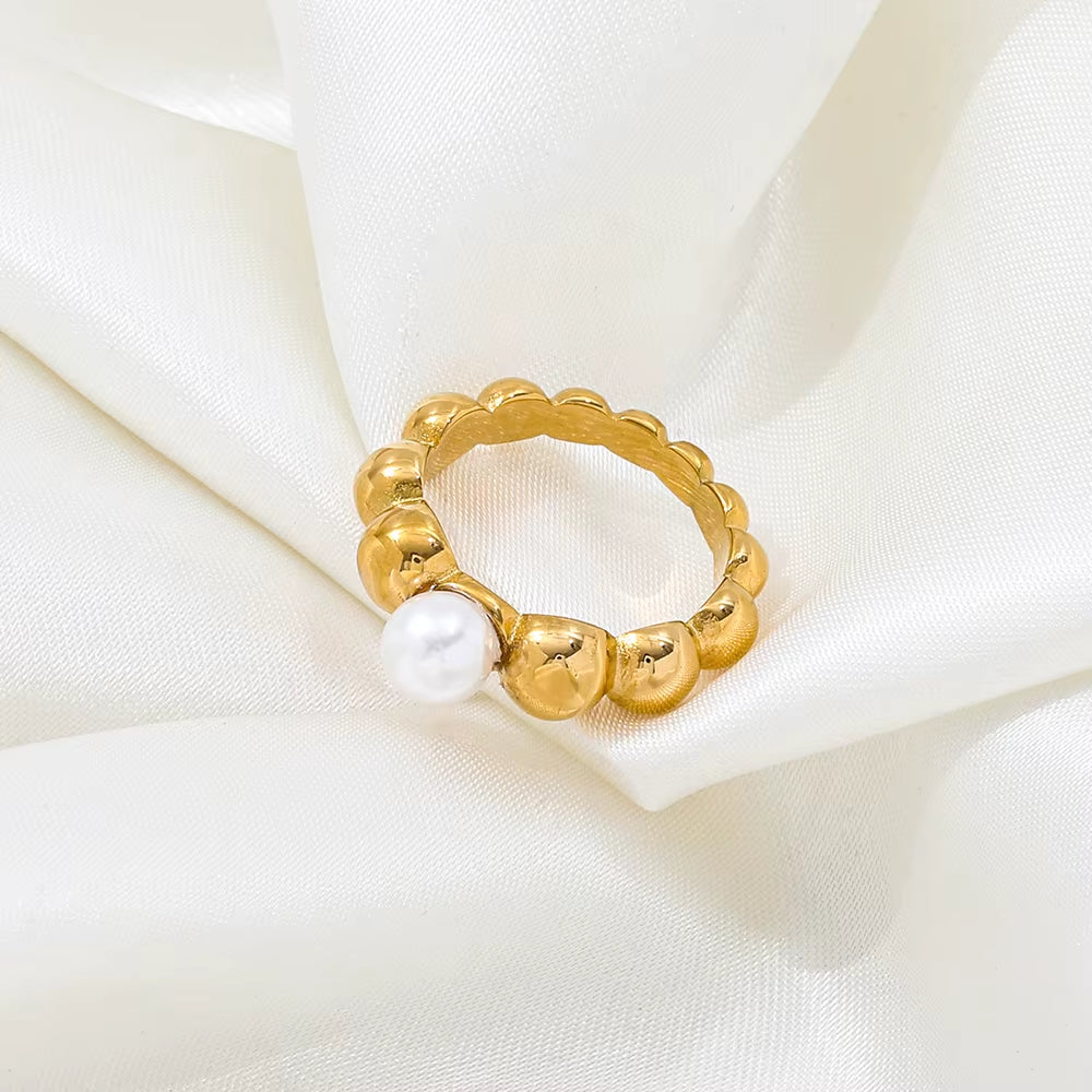 High End 18K Gold Plated One Pearl Bead Gradient Bubble Rings Stainless Steel Jewelry Trendy Finger Ring