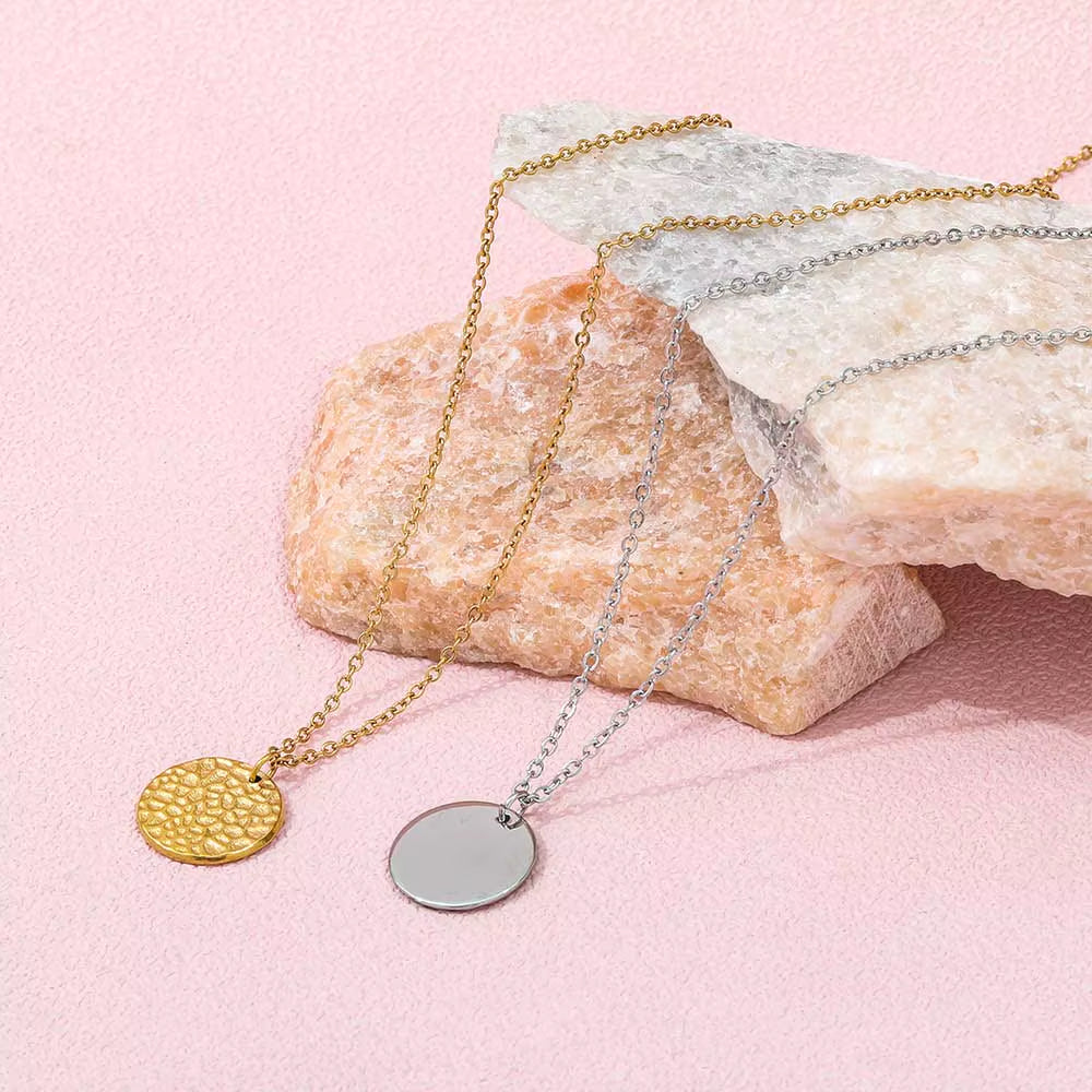 Joolim Hot Sale 18K PVD Gold Plated Waterproof Tarnish Free Hammered round Circle Coib Pendant Stainless Steel Necklace