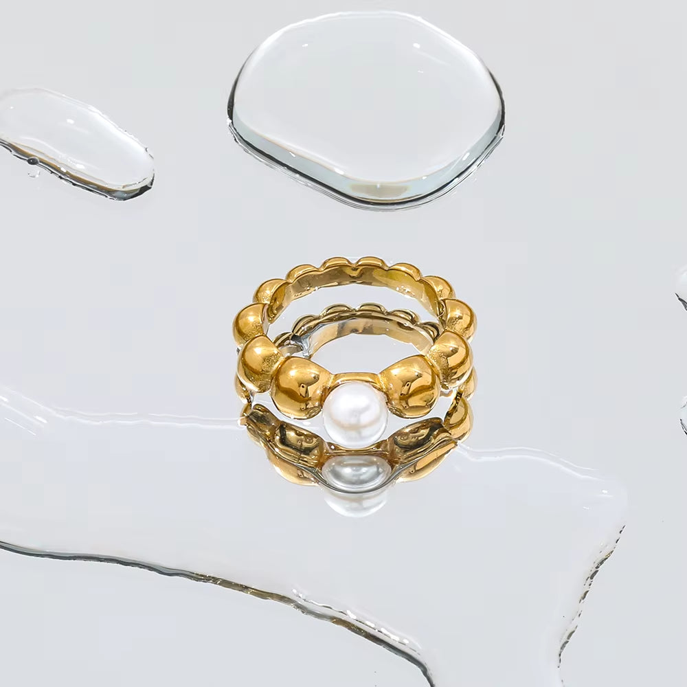High End 18K Gold Plated One Pearl Bead Gradient Bubble Rings Stainless Steel Jewelry Trendy Finger Ring