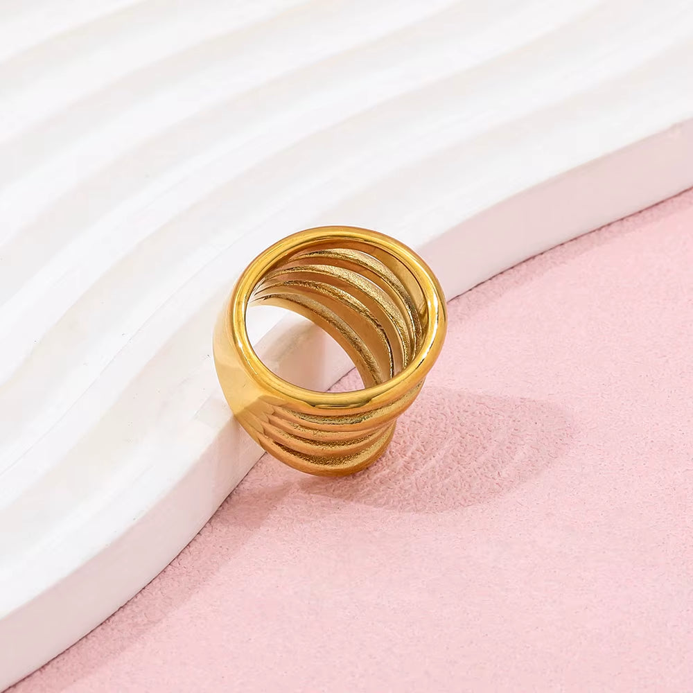 Tarnish Free High End 18K Gold Plated Hollow Multi-Layer Statement Band Ring for Women Stainless Steel Jewelry Gift Wholesale