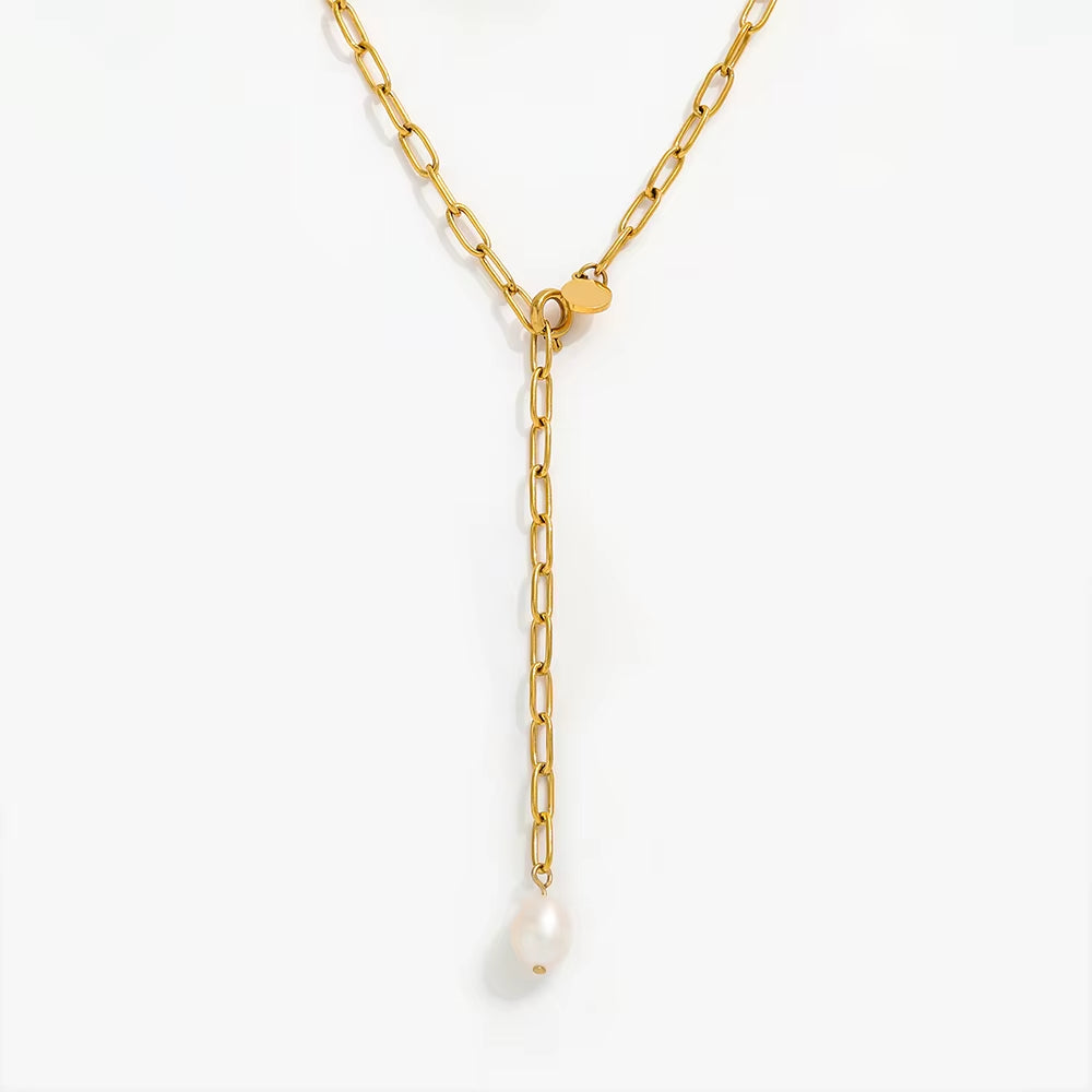 Joolim Jewelry 18K Gold Plated Fresh Water Pearl Pendant Adjustable Necklace Trendy Paper Pin Chain Stainless Steel Wholesale