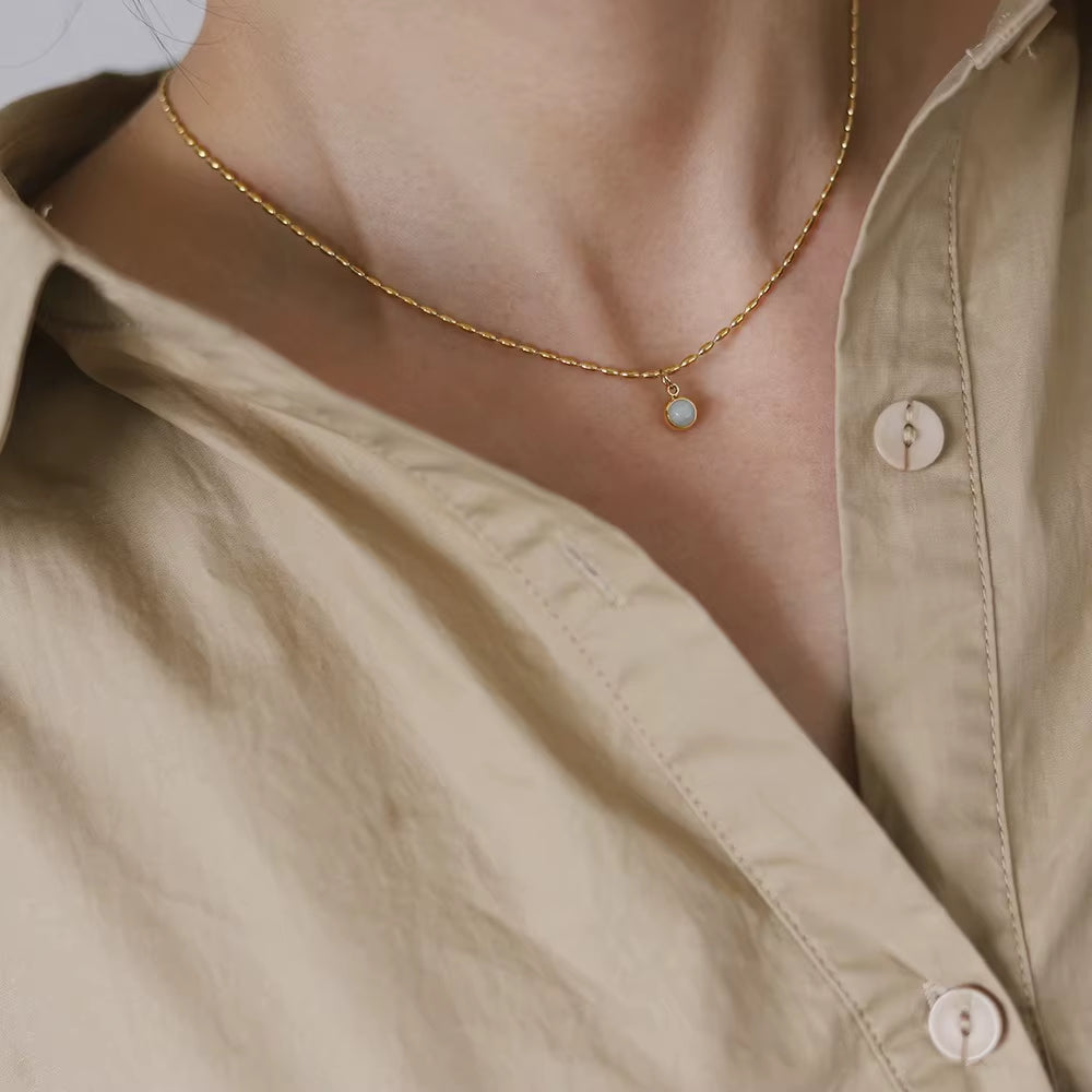 Joolim 18K Gold Plated Mung Bean round Natrual Stone Pendant Bead String Necklace Stainless Steel Tarnish Free Summer Jewelry