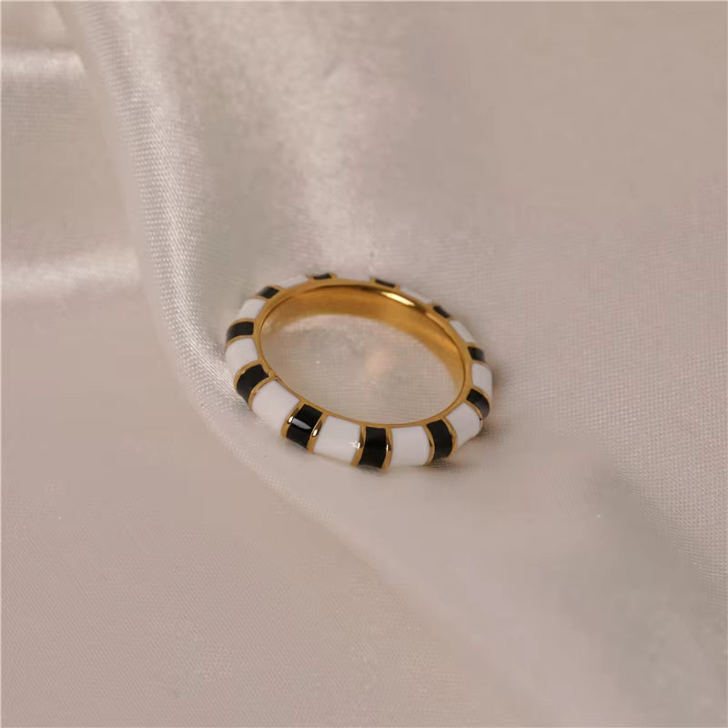 Joolim Jewelry 18K Gold Plated Black White Zebra Enamel Stainless Steel Rings for Women Tarnish Free