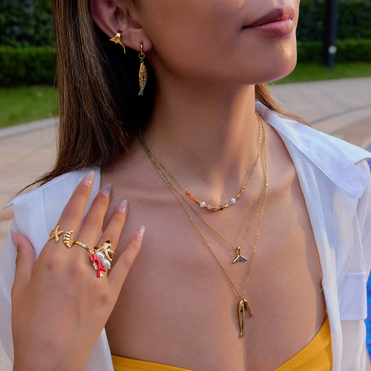 18K Gold Two Fish Pendant Necklace for Women - Hypoallergenic Stainless Steel Beach Style Jewelry