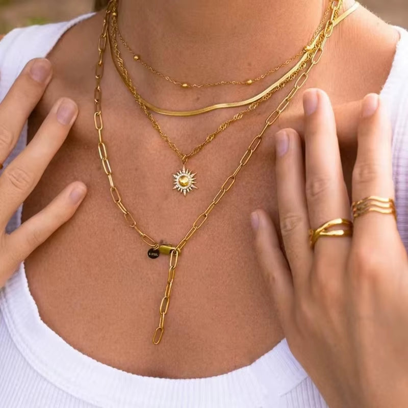 Joolim Jewelry Gold Plated Statement Paper Pin Link Chain Adjustable Necklace Stainless Steel Jewelry Wholesale