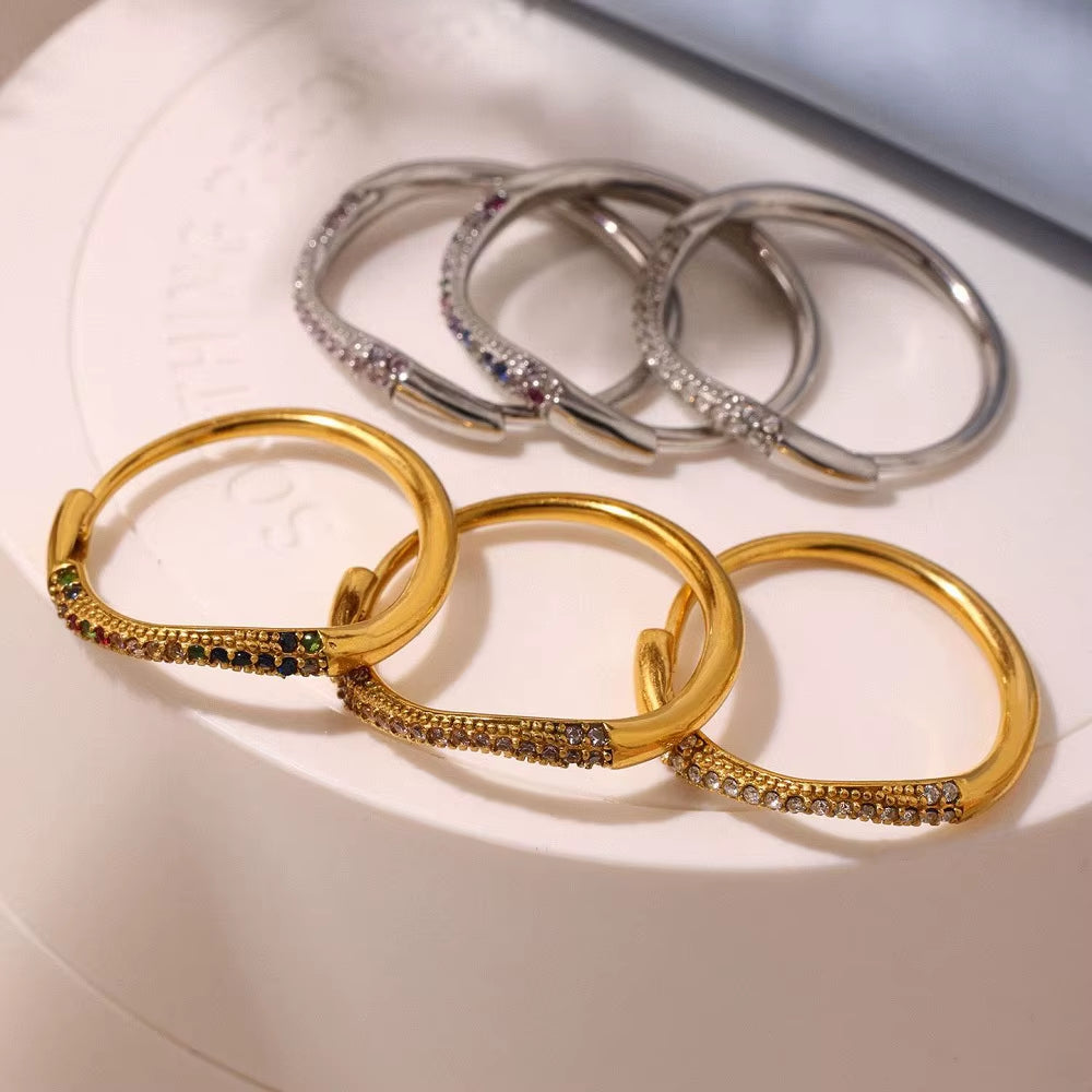 High End 18K Plain Gold Colorful Row Micro Half Pave Zircon Waved Ring Stainless Steel Trendy Simple Gold Plated Jewelry Gift