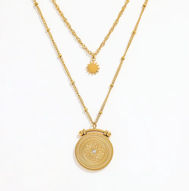 Joolim Jewelry Gold Plated Stainless Steel Layered Coin Pendant Necklace Trendy Necklace Wholesale