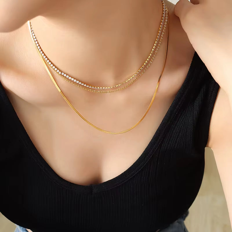 Joolim Jewelry 18K Gold Plated Three Layers Snake Chain Zircon Pave Necklace Stainless Steel Jewelry Wholesale