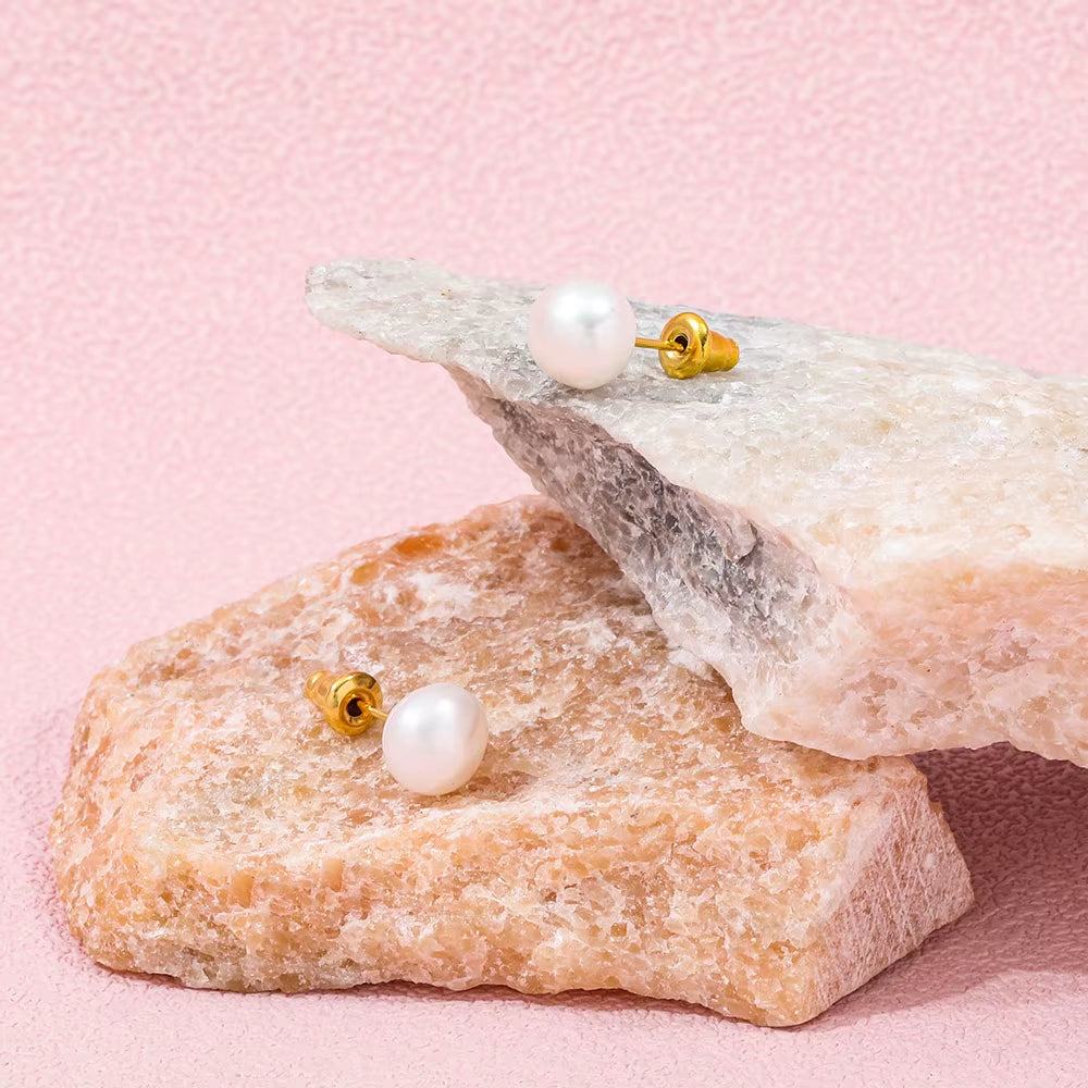 Trendy Earring 18K Gold Plated Single Big Natural Pearl Stud Earring Stainless Steel Fashion Jewelry Wholesale