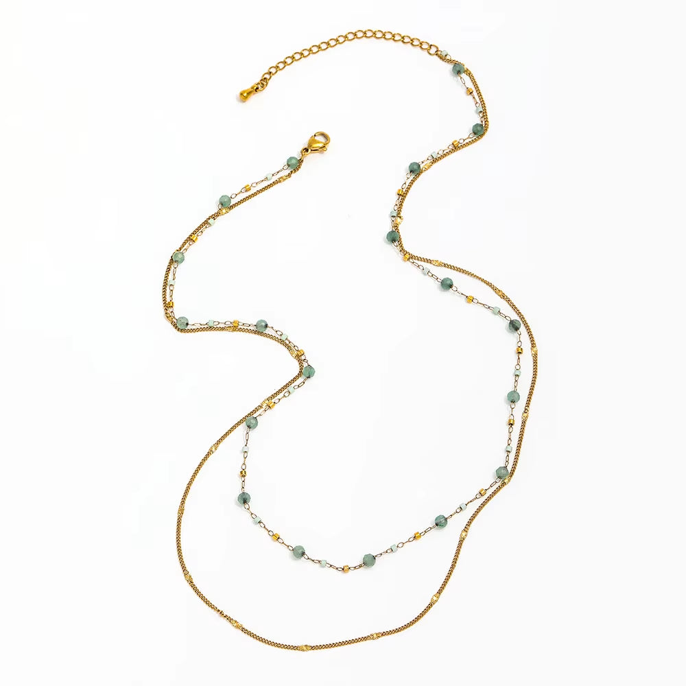 JOOLIM High End Stainless Steel Green Natrual Stone Double Layer Necklace 18K Gold Plated Jewelry Wholesale