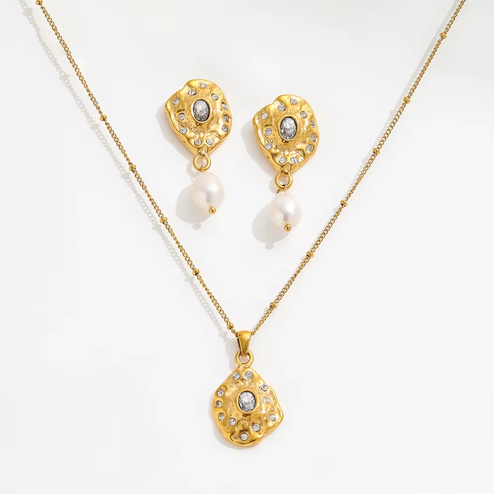 Trendy Earring 18K Gold Plated Zirconia Pave Fresh Water Pearl Pendant Stud Earring Stainless Steel Earrings Wholesale