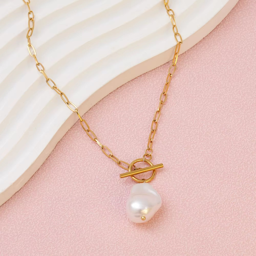 Joolim Jewelry 18K Gold Plated Shell Baroque Pearl Pendant Toggle Paper Pin Necklace Stainless Steel Jewelry