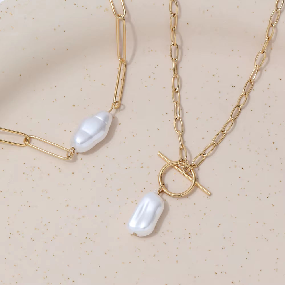Joolim Jewelry 18K Gold Plated Shell Baroque Pearl Pendant Toggle Clavicle Necklace Stainless Steel Jewelry