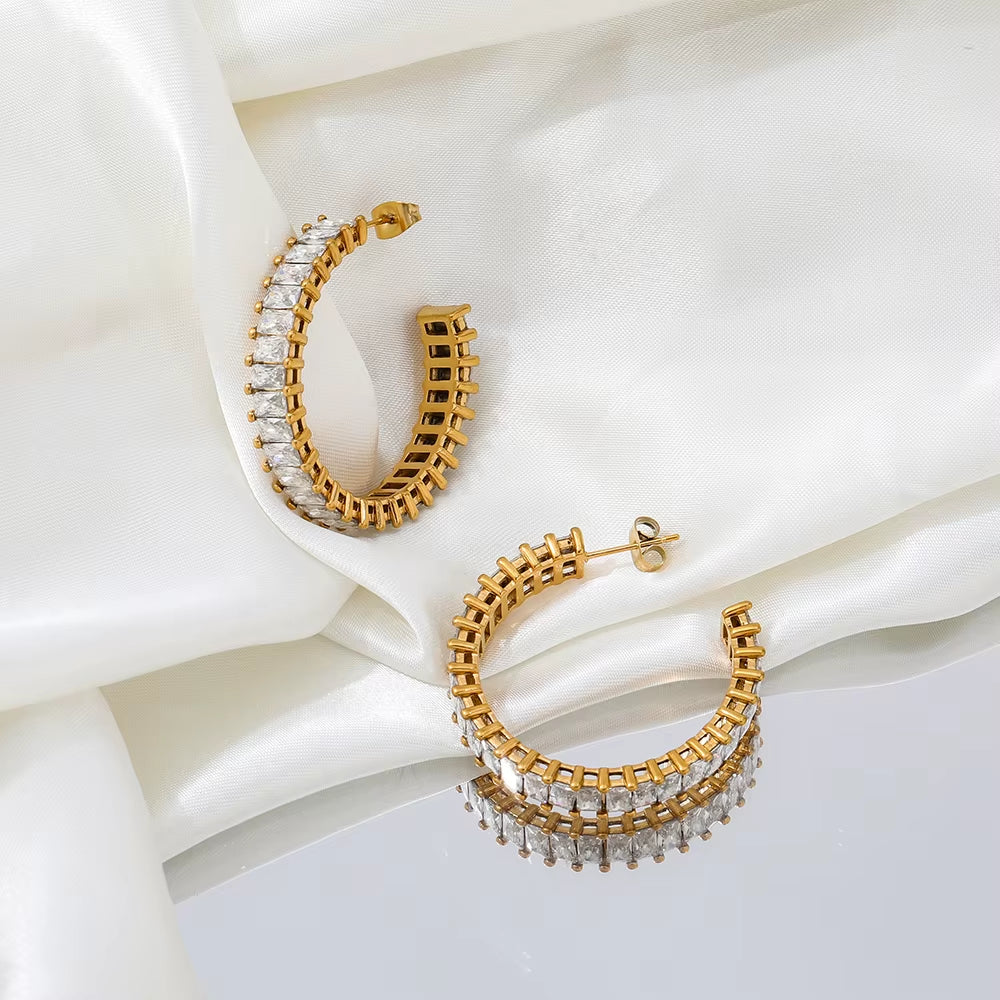 Luxury High Quality CZ Pave Party Chunky Big Crystal Hoop Earring Stainless Steel Jewelry