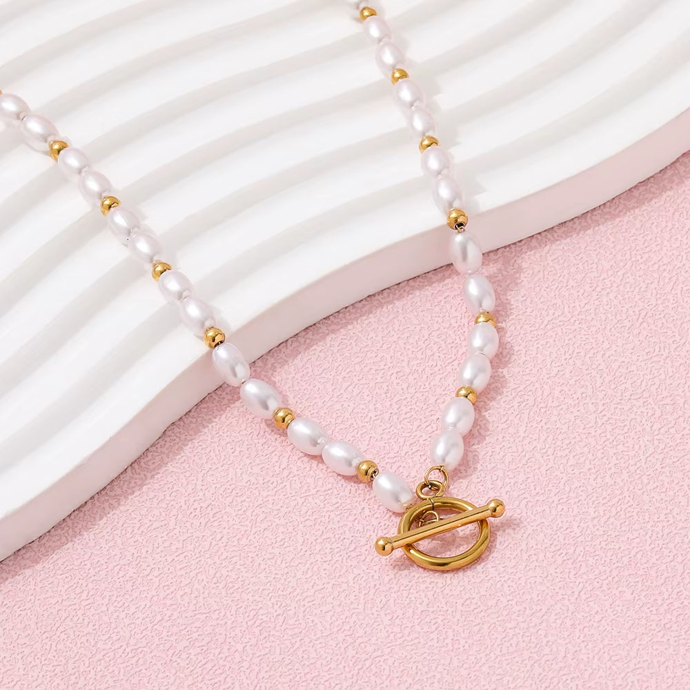 Joolim 18K Gold Plated Stainless Steel Pearl String Toggle Necklace Jewelry Wholesale Tarnish Free & Waterproof