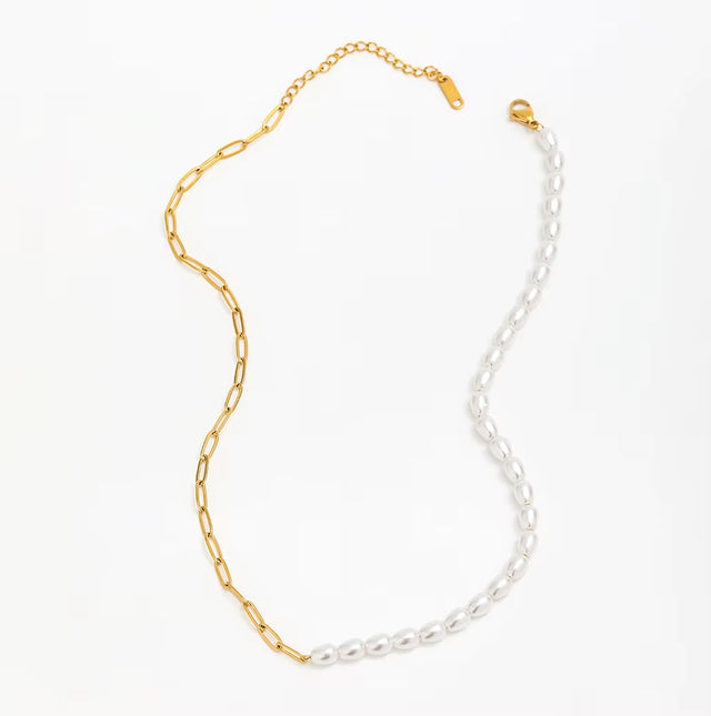 Waterproof & Tarnish Free 18K Gold Plated Paper Clip Freshwater Pearl Joint Necklace Trendy Stainless Steel Jewelry Wholesale