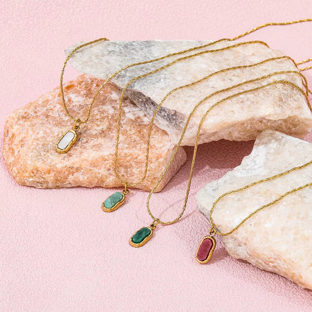 JOOLIM High End Stainless Steel Oval Colorful Natrual Stone Pendant Necklace 18K Gold Plated Jewelry Wholesale