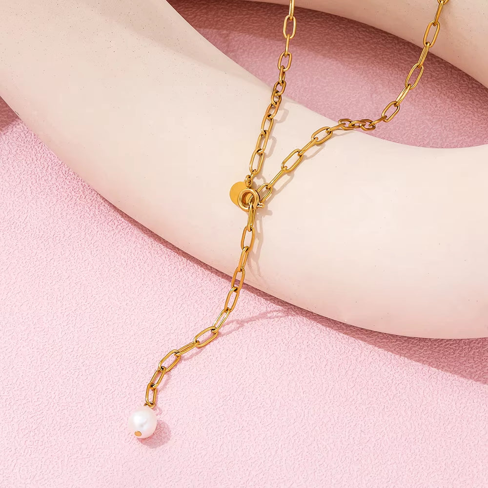 Joolim Jewelry 18K Gold Plated Fresh Water Pearl Pendant Adjustable Necklace Trendy Paper Pin Chain Stainless Steel Wholesale