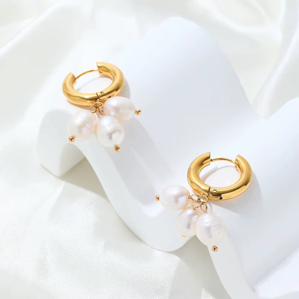 18K Pvd Gold Plated High Quality Non Tarnish & Waterproof 3 Pearl Cluster Stainless Steel Hoop Earring for Women