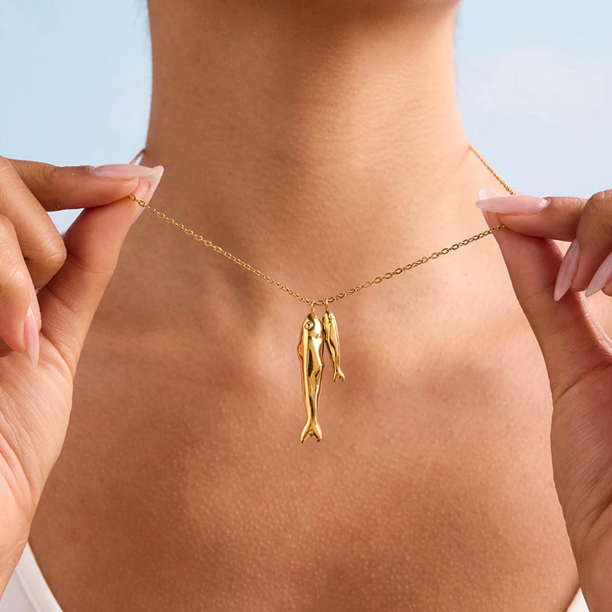 18K Gold Two Fish Pendant Necklace for Women - Hypoallergenic Stainless Steel Beach Style Jewelry
